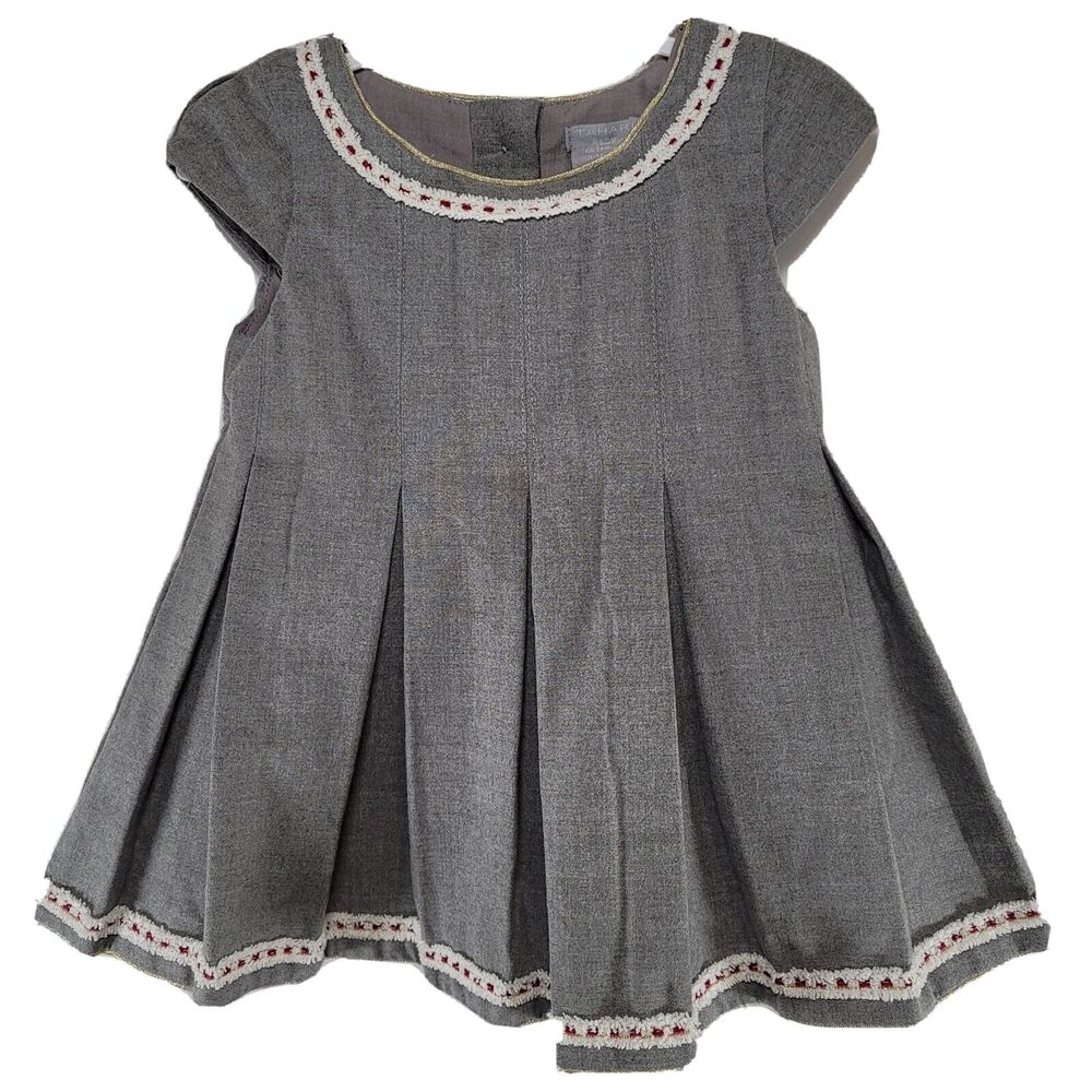 Toddler Dress 24 mos Tahari Soft Flannel Pleated Lined Gold Cream Burgundy Trim